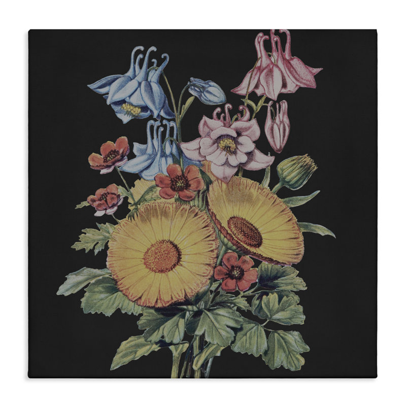 Étude de bouquet rétro sur toile noire, design par Dan Meneely, H 24 po x l 24 po