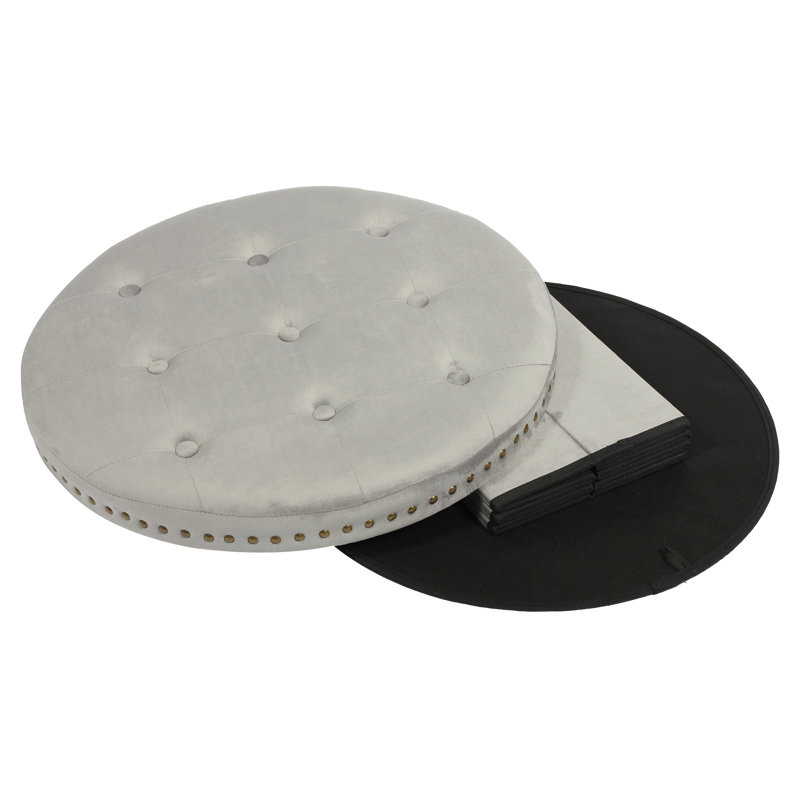Evony 58cm Wide Velvet Tufted Round Ottoman with Storage, Grey