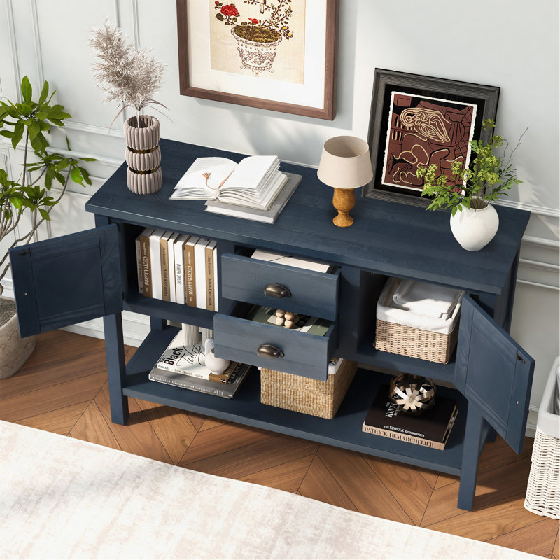 46'' Solid Wood Sideboard Console Table With 2 Drawers And Cabinets And Bottom Shelf, Retro Style Storage Dining Buffet Server Cabinet For Living Room Kitchen Dining Room(Navy Blue)(W1202P356655