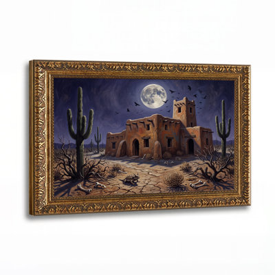 "Adobe" sous la pleine lune avec des cactus de Saguaro, art mural d'Halloween