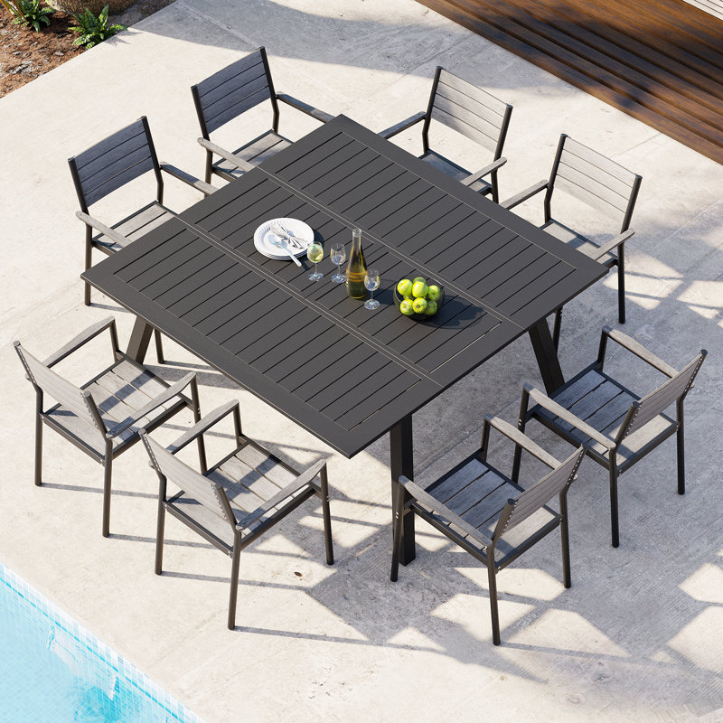 Gray Aluminum and Wood Outdoor Dining Armchairs Set