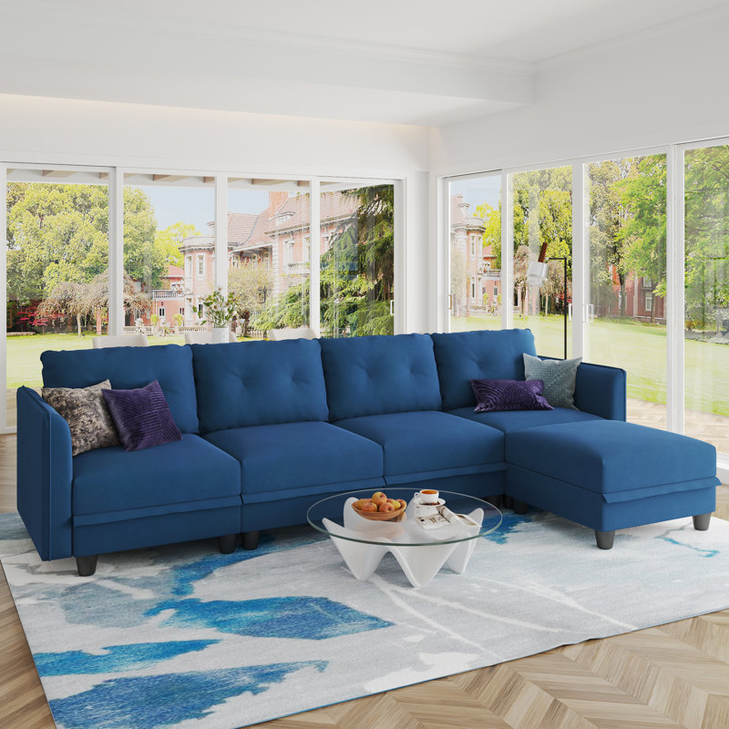 Zendajas 112" Curved Arm Convertibility 4 Seater Sofa Chaise Storage ottoman, Blue Velvet