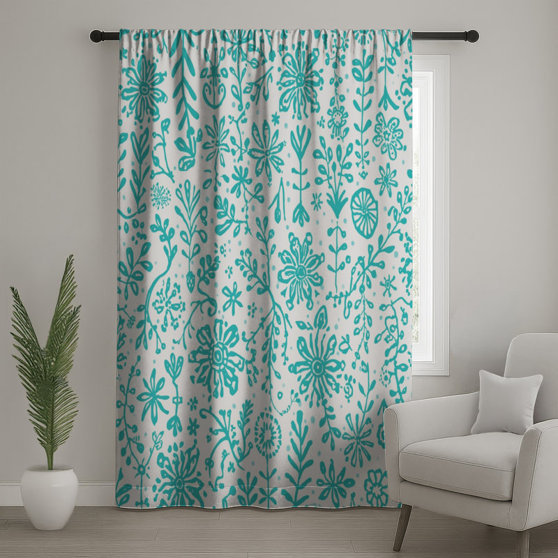 Turquoise Floral Pattern Window Curtains, Floral Sheer & Blockout Curtains - 1 Panel, 50" x 92" - 1 Panel, Sheer