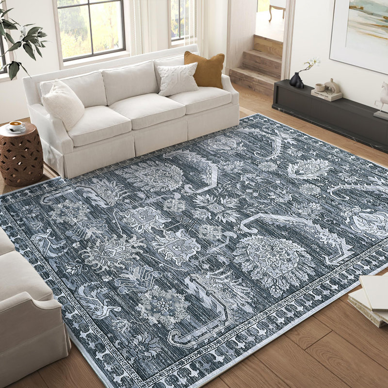Oriental Machine Washable Rug with Rubber Backing for Living Room Vintage Non-Slip Dining Room Rug Floral Printed Faux Wool Rugs for Bedroom Floor Carpet for Office Nursery Playroom