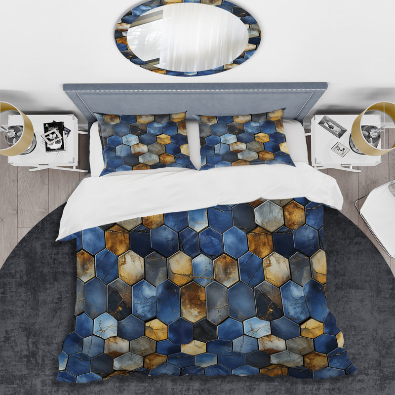 Ensemble de housse de couette Grey And Blue Hexagone Symmetry, Housse de couette simple + 1 taie décorative stan