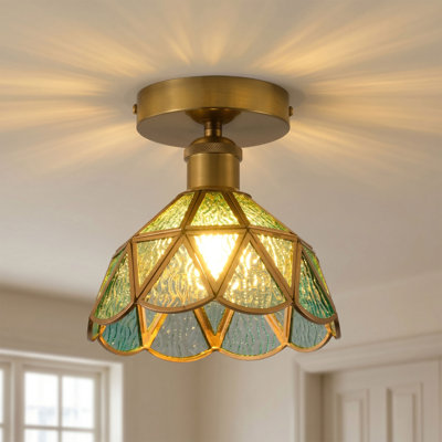 Vintage 1 Light Polished Brass Flush Mount Ceiling Light with Textured Glass Shade