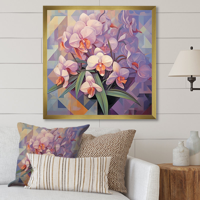 Élégante géométrie, bouquet mauve sur toile, H 30 po x l 30 po x P 1 po, Cadre doré simple