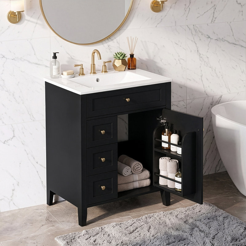 Meuble-lavabo moderne avec lavabo en céramique, poignées en métal, porte à fermeture en douceur, support de rangement, finition de surface peinte