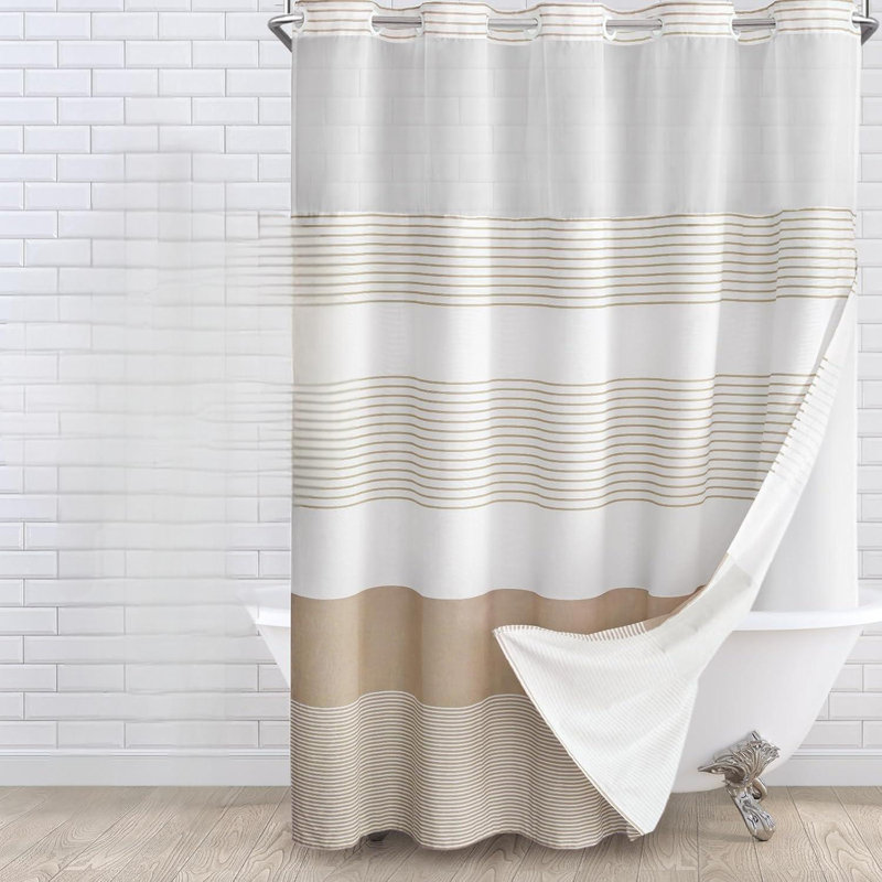 No Hook Shower Curtain With Snap In Liner Set Cotton And Linen Blend Shower Curtain For Bathroom Boho Beige Striped 75" L X 72" W