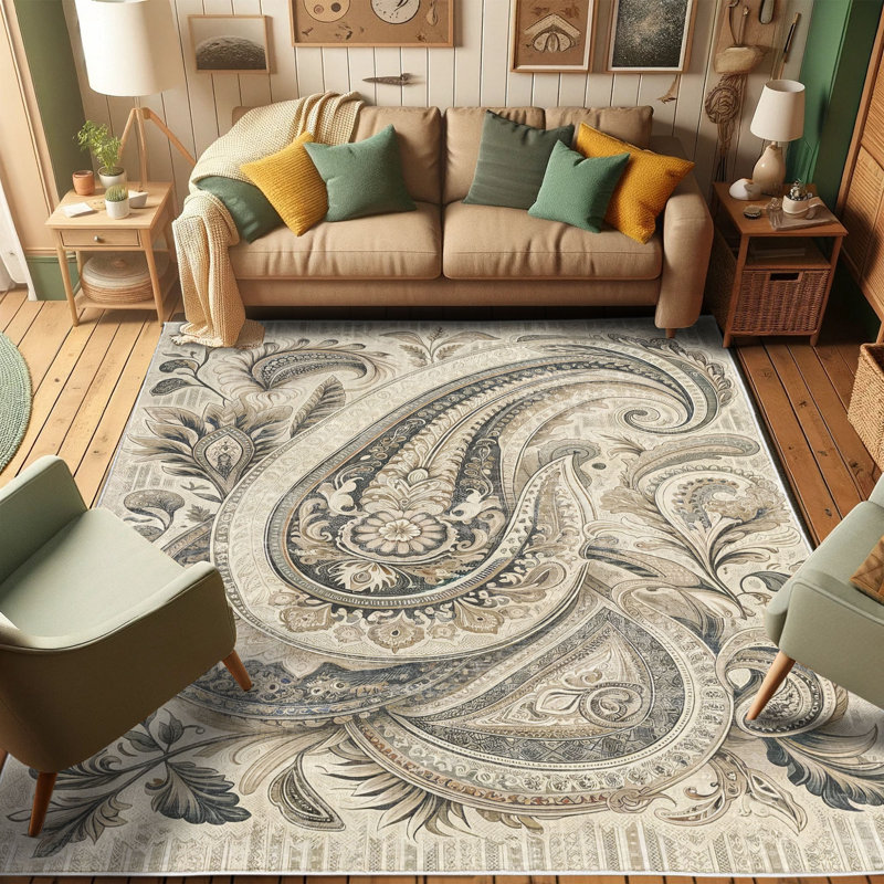 Paisley Ivory and Sepia Synthetic Easy Care Area Rug 2'5" x 5'
