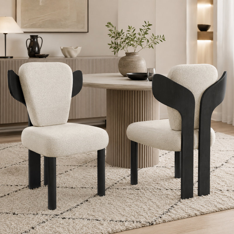 Brayden Upholstered Dining Side Chair with Wooden Legs (Set of 2), White, Black