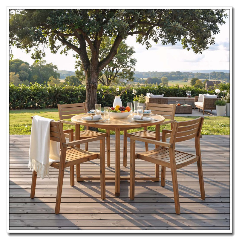 Ensemble de salle à manger 5 pièces rond en bois d'acacia avec design à lattes, Naturel
