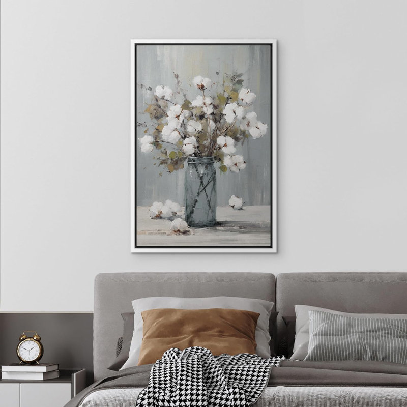 Bouteille de plante, aquarelle, fleur de coton, nature morte, botanique sur toile, H 36 po x l 24 po x P 1,5 po