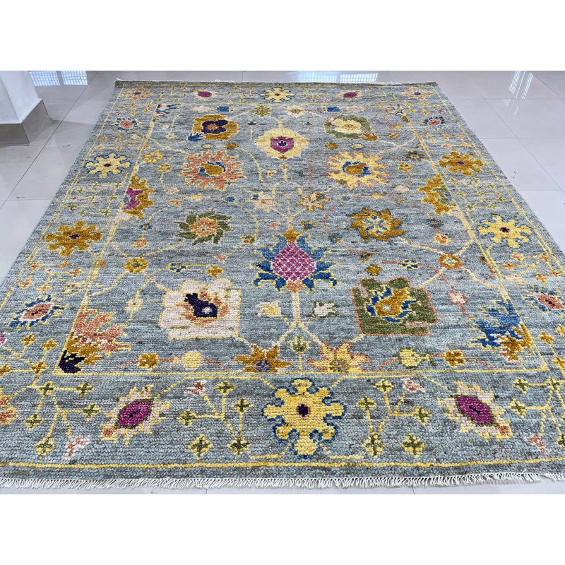 Gray Hand-Knotted Wool Floral Trelliswork Geometric Modern Contemporary Carpet Rug, 9' x 12'
