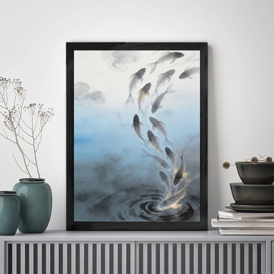 Art mural encadré minimaliste avec cadre en bois massif, groupe de poissons, étang de baignade, œuvre d'art encadrée dans un cadre noir, cadeau unique pour les amis et la famille