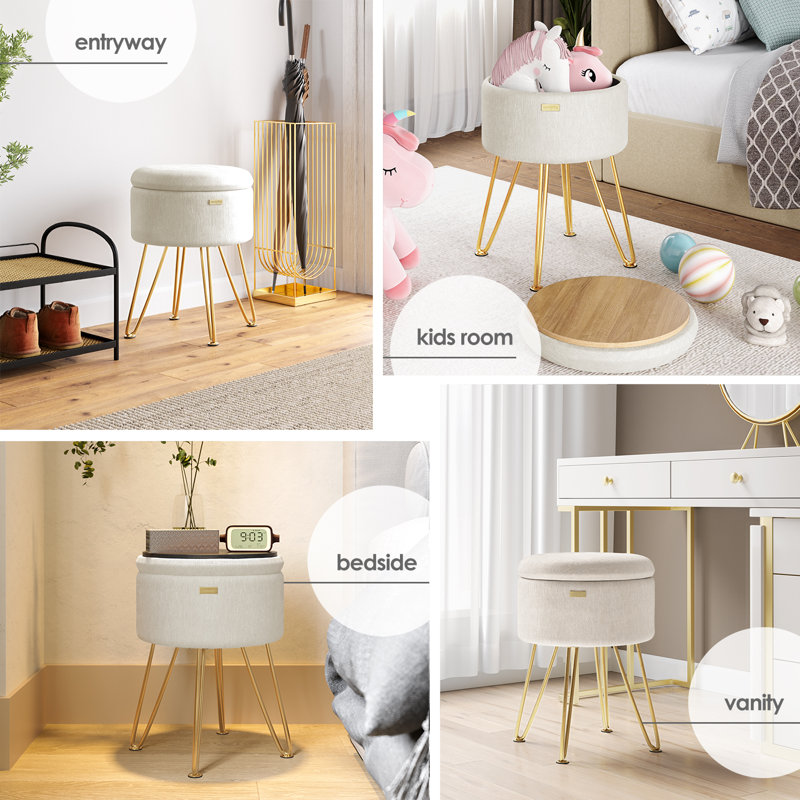 Modern Round Storage Ottoman Side Table, Gold, White Velvet
