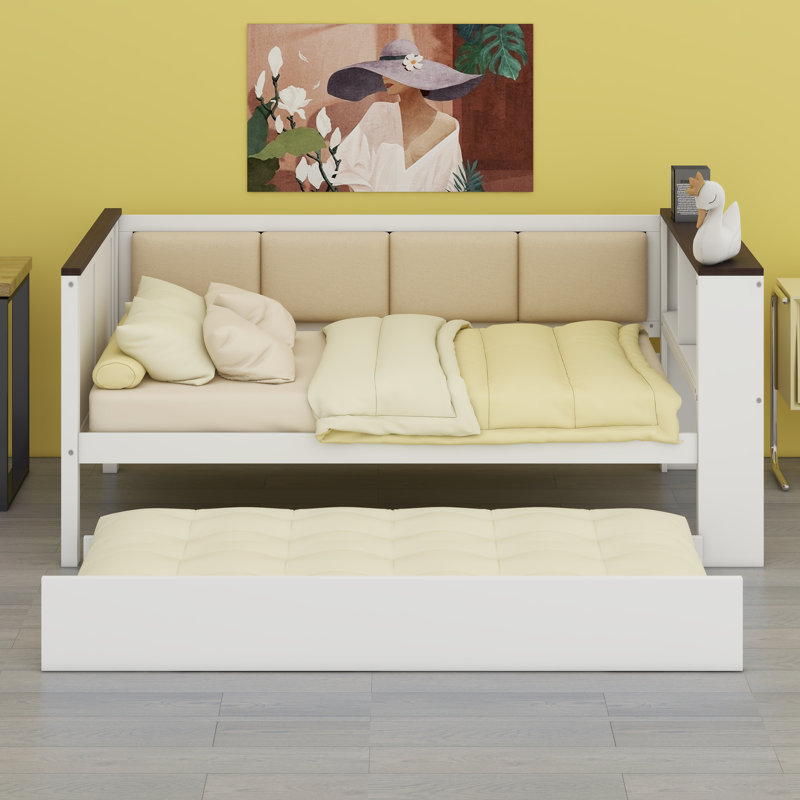 Space-Saving Wood Daybed With Storage Shelves, Comfortable Upholstered Backrest, USB Port & Roll-Out Trundle Bed, Twin