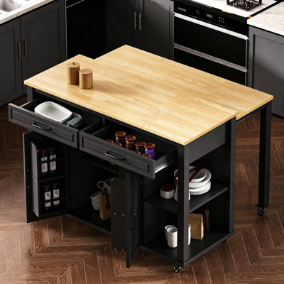 Kitchen Island With Extendable Dining Table, Rubber Wood Veneer Top, Internal Storage Rack, Power Outlet & USB Ports, Mobile Cart With 2 Drawers & 2 Cabinets, Black, 47-Inch