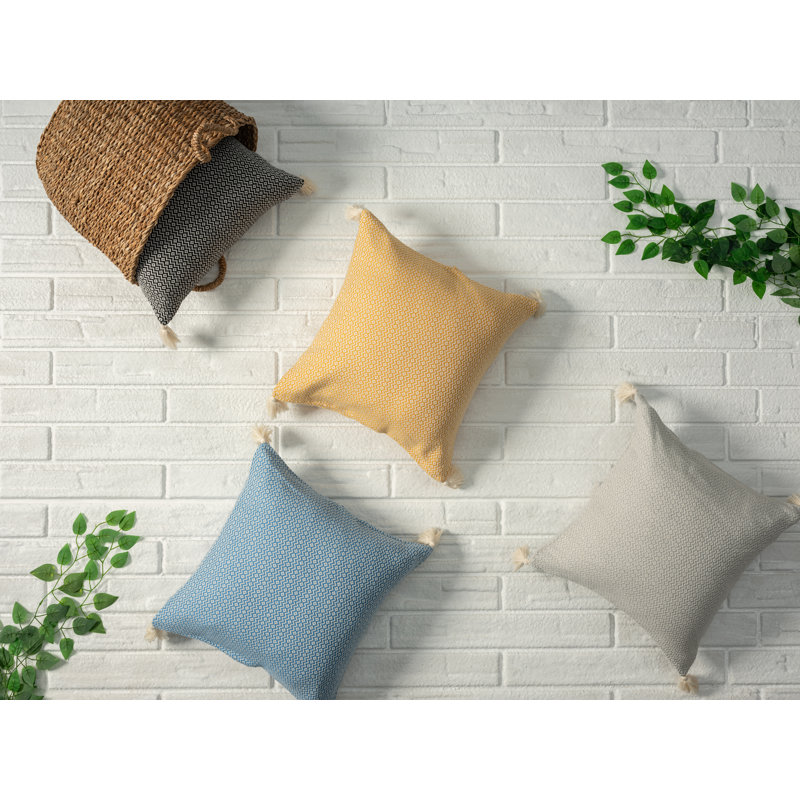 Yellow and White Organic Cotton Square Throw Pillow with Tassels