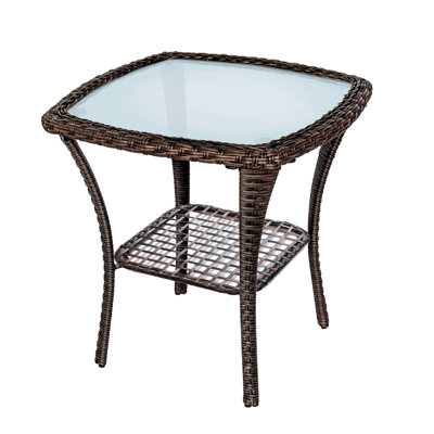 Table d'appoint d'extérieur avec cadre en acier, table basse bistro en osier avec plateau en verre, table de bout de rangement carrée pour patio