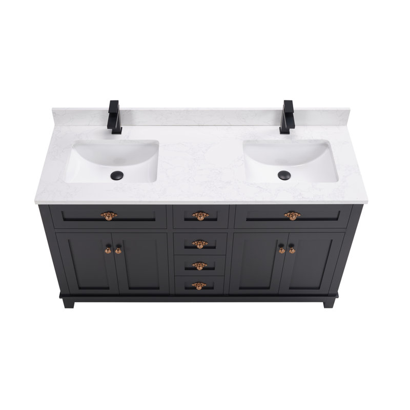 60" Finish Solid Wood Sink Vanity With 1' Artificial Stone Top, Tricorn Black, Rose Gold