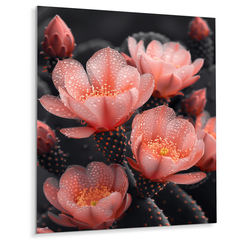 Photo de cactus en fleurs rose pastel floral - cactus floral salon, Métal métal, H 32 po x l 24 po x P 1 po