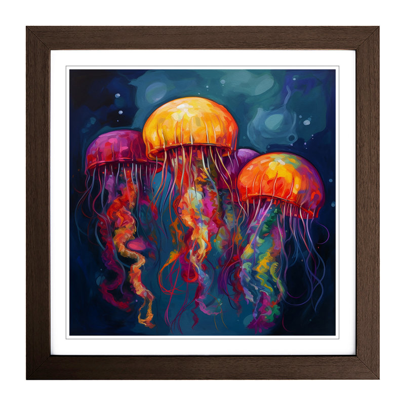 Jellyfish Fauvism - Single Picture Frame Print on Wood, Walnut