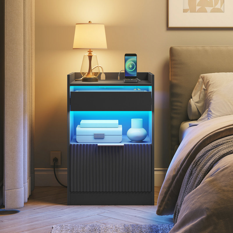  15.7'' W Nightstand with Charging Station and LED Lights