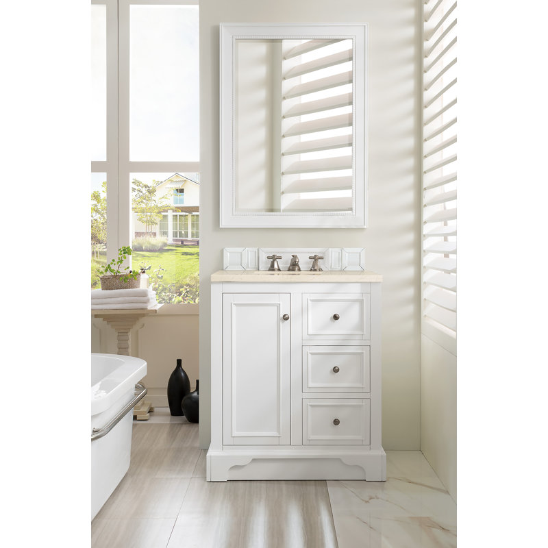Kewstoke 31.3'' Single Bathroom Vanity with Top, Bright White, Ethereal Noctis Quartz, 8" Widespread
