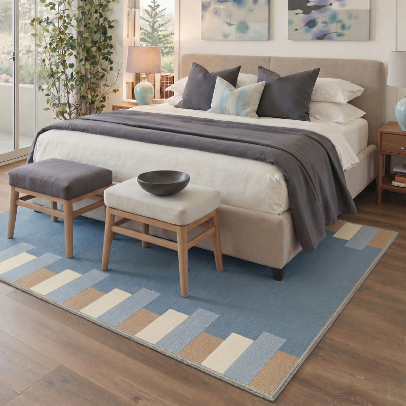 GeoStripe Geometric Machine Washable Blue Indoor Area Rug with Non-Slip Backing, Rectangle 9' x 12'