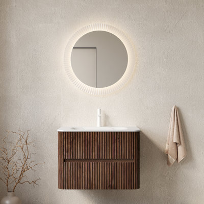 Meuble-lavabo de 30 po avec lavabo et armoire de contreplaqué flottant à 2 tiroirs en pierre frittée blanche de style rétro avec rangement en noyer et design scandinave moderne