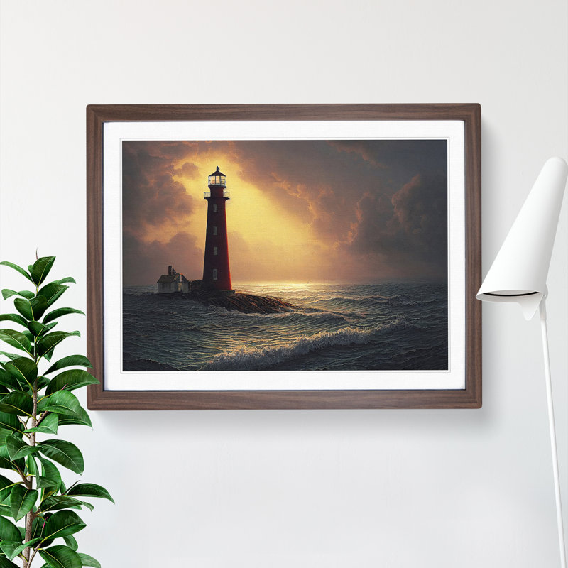 Entrancing Lighthouse Seascape 1 Piece Single Picture Frame Wall Art, 34cm H x 46cm W x 2cm D, Walnut