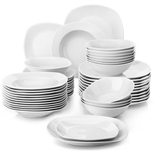 MALACASA Plates and Bowls Sets, 26 Piece Ivory White Square Dinnerware Sets Without Mugs, Porcelain Dinner Set with Plates, Dishes, Bowls and