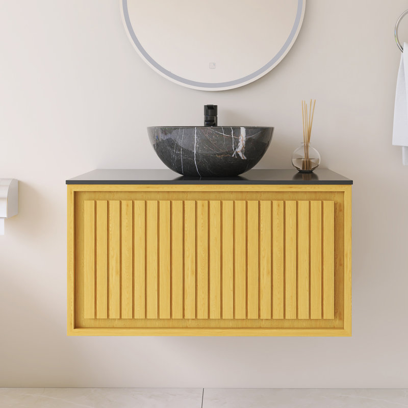 Meuble-lavabo mural simple avec comptoir en pierre frittée noire