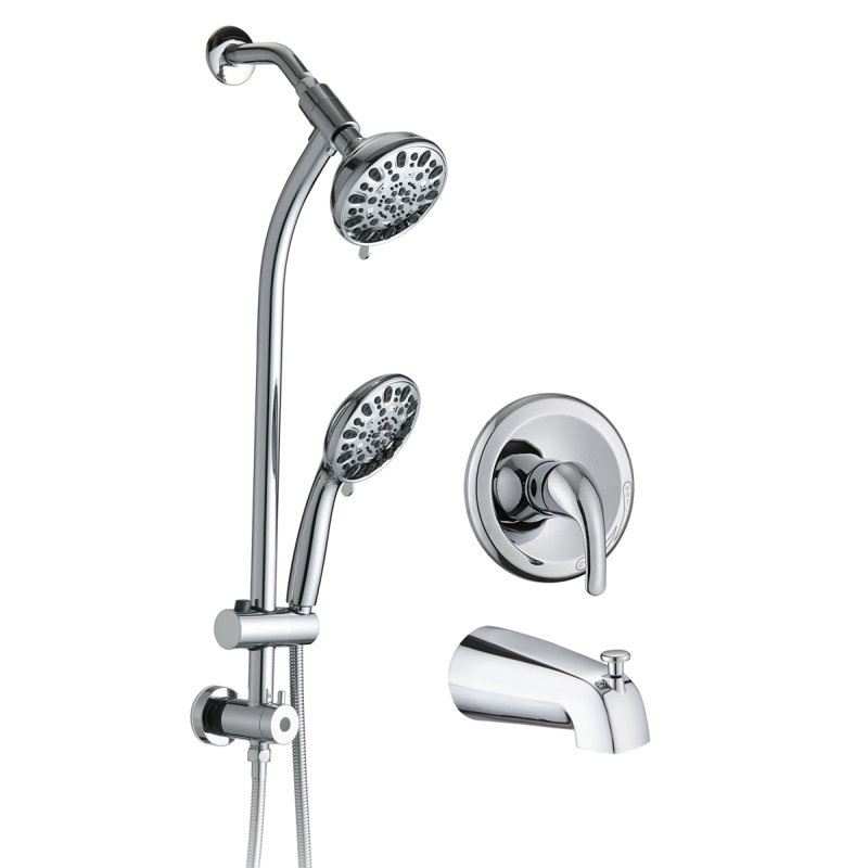 Drillfree Stainless Steel Slide Bar Combo Rain Showerhead 7Setting Hand, Dual Shower Head Spa System With Tup Spout (Roughin Valve Included)