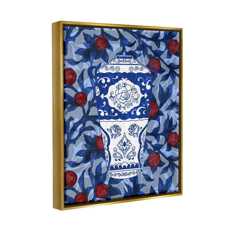 "Ornate Vase" rouge et bleu par Lil 'Rue, impression, L 17 po x H 21 po x P 1,7 po, Cadre flottant métallique doré