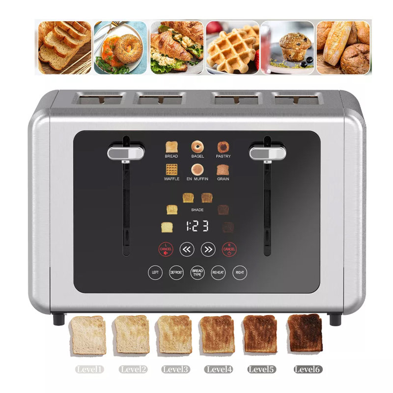 WHALL 4‑Slice Touchscreen Toaster, Digital Countdown Timer, 6 Bread Modes and Browning Shade Settings