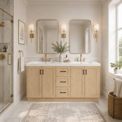 Meuble-lavabo double avec lavabo SMC, 4 portes et 3 tiroirs, armoire en panneau de fibres à densité moyenne à grain de bois moderne, tablettes réglables, portes à fermeture en douceur et glissières cachées