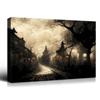 Toile d'art mural d'Halloween, château gothique hanté 24 x 16 pouces, toile rétro, décoration d'Halloween rétro pour galerie salon chambre à coucher