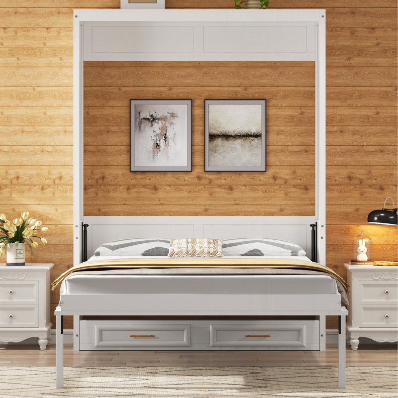 Lit escamotable double avec 2 tiroirs, beige
