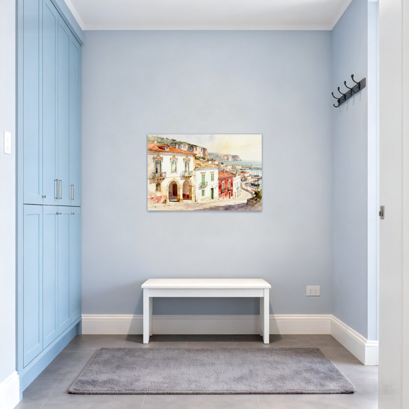 Scène de village côtier avec bâtiments colorés, H 32 po x l 48 po