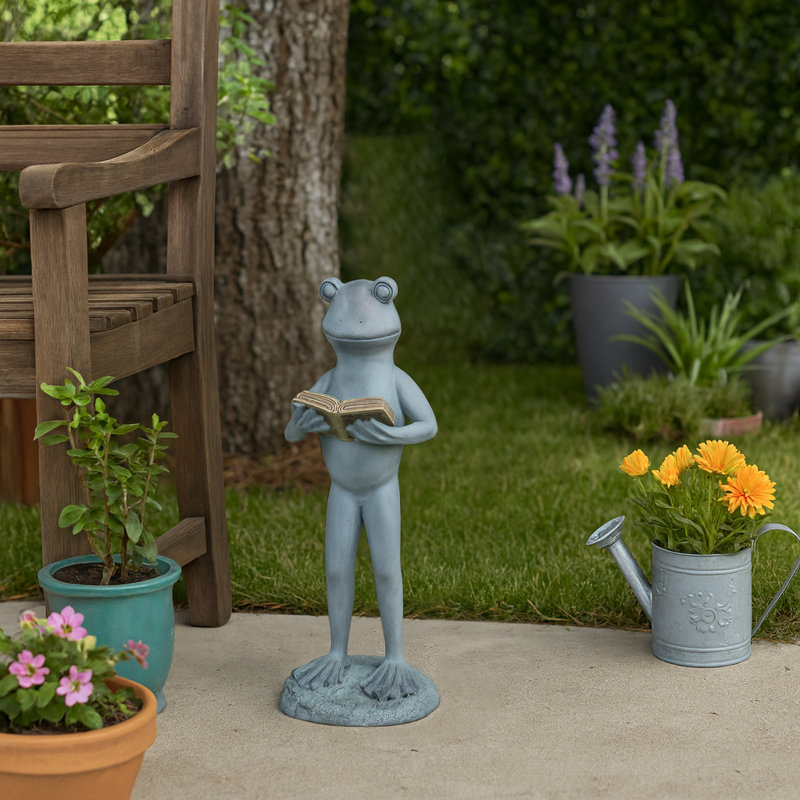 Statue d'extérieur littéral grenouille pour jardin - statue fantaisiste pour lecture de patio ou de jardin - 18 po, gris et brun