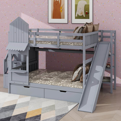 Lit superposé Castle Design avec 2 tiroirs, 3 tablettes et glissade