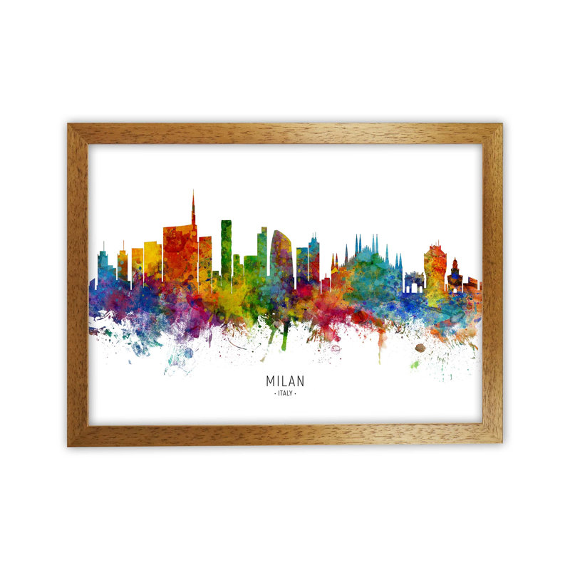 Milan Italy Skyline by Michael Tompsett - Print, Brown Framed, 25cm H x 34cm W x 3cm D