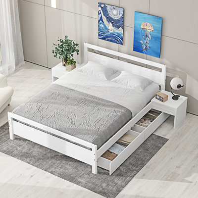 Wooden Platform Bed With 2 Storage Drawers And 2 Bedside Tables