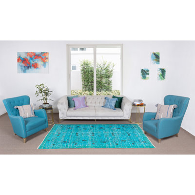 Tapis moderne noué à la main 5,2 x 8,6 pi. Tapis turc en laine sur-teint en bleu sarcelle