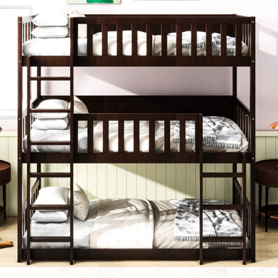 Lit simple superposé triple en bois d'hévéa, échelles, barrières de sécurité amovibles pour la taille de la chambre à coucher,