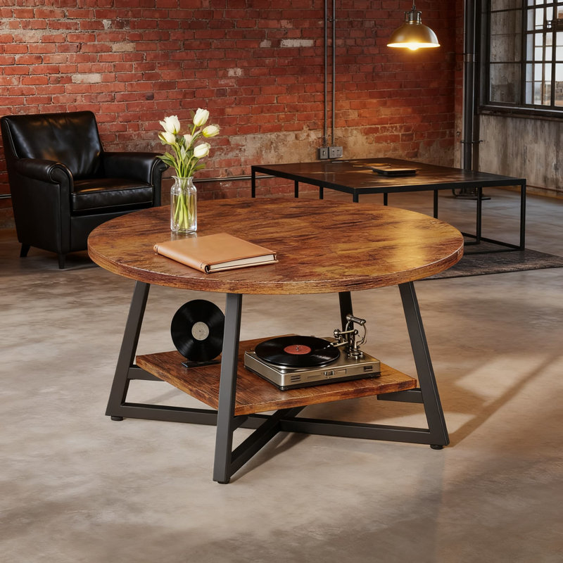 Table basse ronde avec tablette de rangement, centre de table moderne en bois à 2 niveaux pour le salon, finition brun rustique avec pieds en métal, assemblage facile