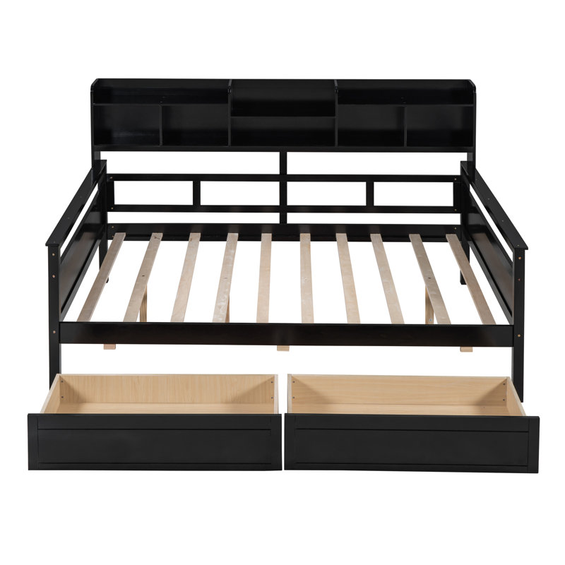 Daybed with Slatted Base, Bedside Shelf and Two Storage Compartments, Sleek Frame, Twin, Black
