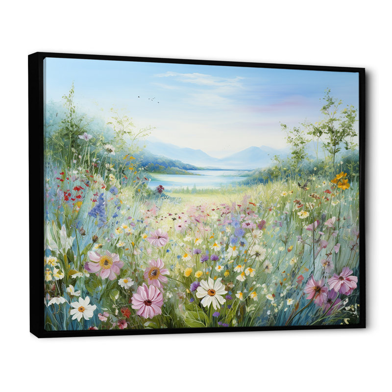 Simplity Wreath Green Flower Field - Art mural grand champ de fleurs, H 34 po x l 44 po x P 1,5 po, Cadre flottant noir